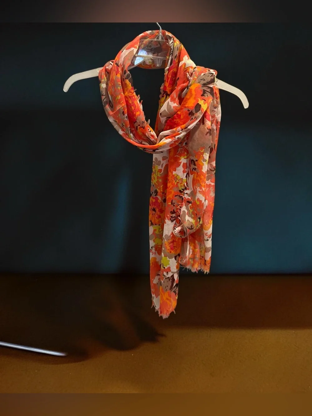 Orange Coral Floral Cotton Gauze Lightweight Summer Scarf Frayed Edge Wrap